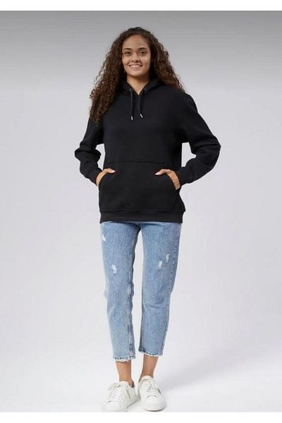 THE WHITE Black Kangaroo Pocket Hooded Women's Sweatshirt