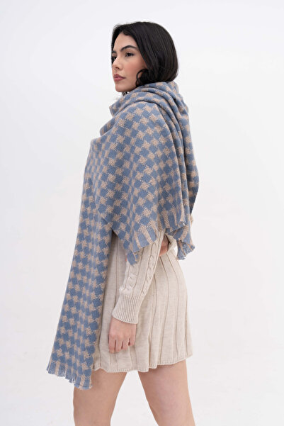 The Moirai Houndstooth Patterned Cashmere 100% Viscose Blue-Beige Shawl