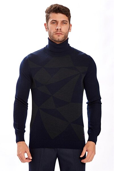 Ecer Чорний трикотажний светр з довгими рукавами, коміром-стійкою та геометричним візерунком 77022123