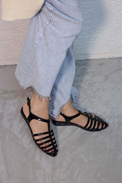 Beyond Women's Black Palmi Ankle Strap Pointed Toe Patent Leather Sandals BYND24900