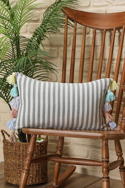 Aisha's Design Colorful Tasseled Rectangular Gray Striped Throw Pillow Cover