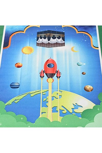 İkranur Children's Prayer Mat Rocket - Green 82×45 Cm 110 gr - With Rosary Gift