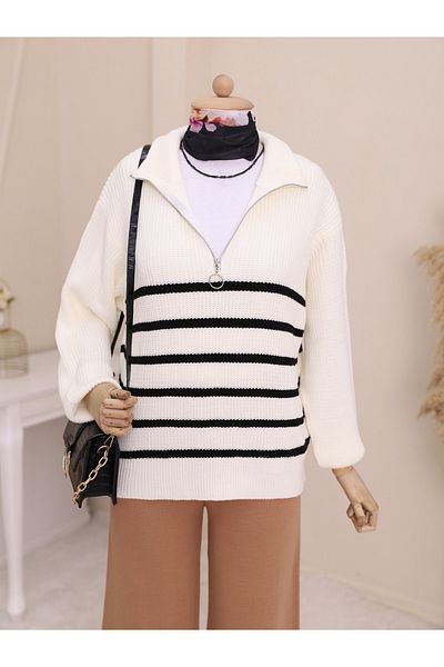 Modamorfo Ecrufarbener Strickpullover mit seitlichen Streifen – halber Reißverschluss