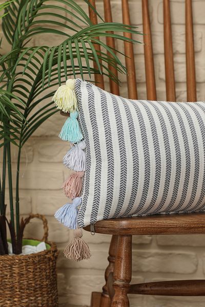 Aisha's Design Colorful Tasseled Rectangular Gray Striped Throw Pillow Cover