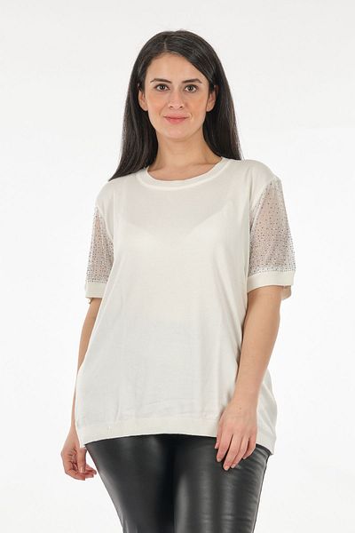 Vedi -bb Round Neck Large Size Sleeve Detailed Ecru Women's Knitwear2322019