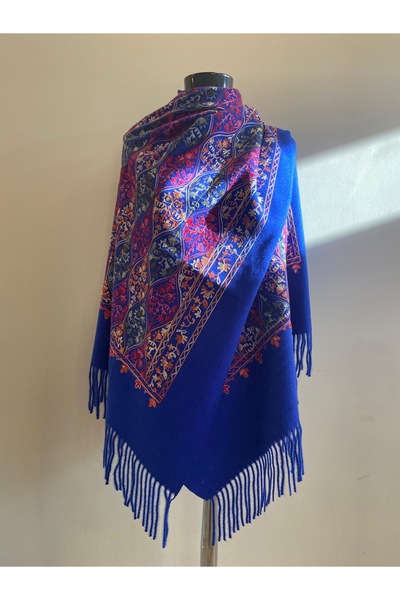 HERCHES Etnik Desen Nakışlı Kışlık Omuz Şalı - Saks