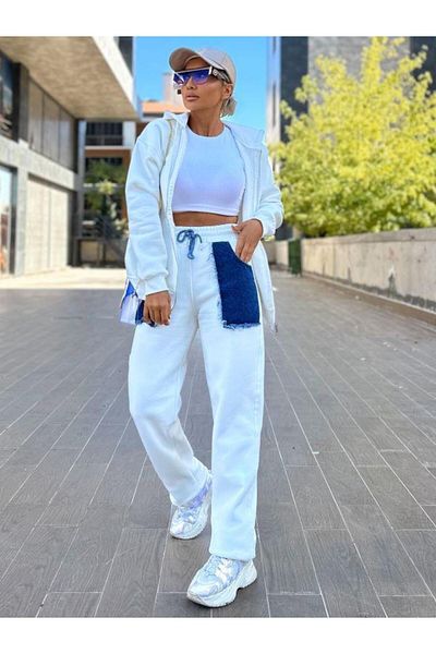 Kokoşum Butik 5557 Model Pantaloni de sport albi - Buzunar Jean Detaliat