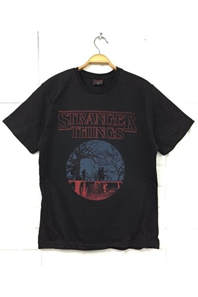 fame-stoned Stranger Things Dizi - Film Baskılı Unisex %100 Pamuk Siyah T-shirt