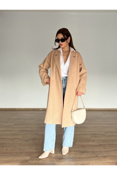 Nesil Kolu Pileli Düğmeli Oversize Kaban