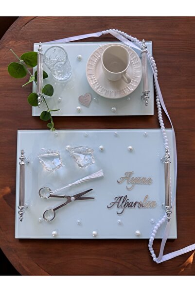 Cyz Home Bonding Gümüş Beyaz İncili Söz Tepsisi Nişan Tepsisi ve Damat Kahve ...