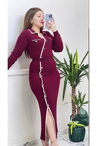ABBA Tricoturi Slit Polo YaKa Rochie burgundă cu mânecă lungă