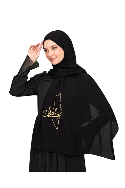 Zaytoon Palestine Map Embroidery Black Polyester Shawl - Gold Lettering S 100026