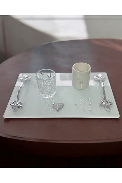 CyzHome Adore Silver White Pearl Promise Tray Engagement Tray and Groom Coffee Cup Tray