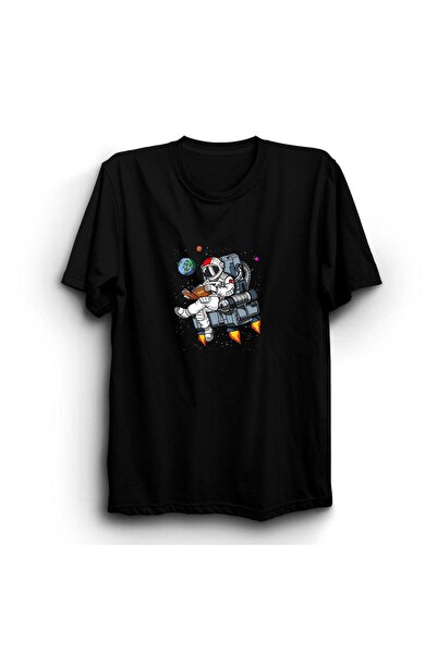 fame-stoned Space - Astronaut Printed Unisex 100% βαμβακερό μαύρο μπλουζάκι