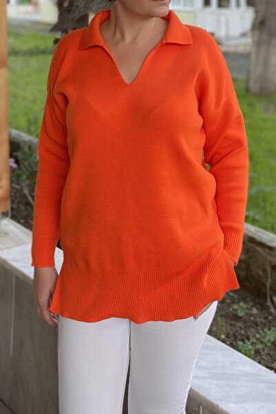 Mia Butik بلوزة تريكو برقبة بولو برتقالية كبيرة الحجم