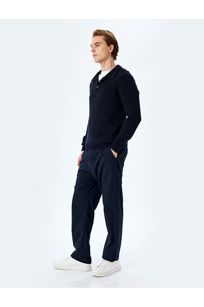 Koton Buttoned Polo Neck Cotton Blended Basic Long Sleeve Knitwear Sweater