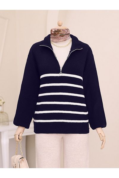 Modamorfo Seitlich gestreifter Strickpullover mit halbem Reißverschluss – dunkel
