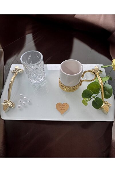 Cyz Home Adore Gold White Pearl Promise Tray Engagement Tray and Groom Coffee Cup Tray