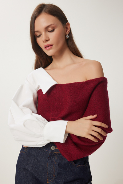 Lovelyİstanbul Mâneci cămașă Tricotaj pe un umăr Pulover Roșu Claret LNS0014