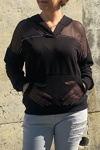 Mia Butik Women's Black Mesh Detailed Blouse