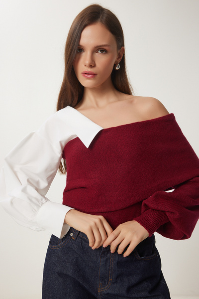 Lovelyİstanbul Mâneci cămașă Tricotaj pe un umăr Pulover Roșu Claret LNS0014
