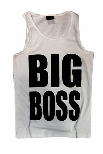 fame-stoned Μπλουζάκι Unisex White Big Boss με στάμπα με μηδέν μανίκι
