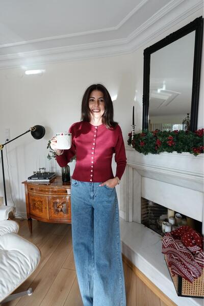 pieces of melon x Narod Bıçakçı Bordo Sedef Düğmeli Yumuşak Tuşeli Triko Hırka