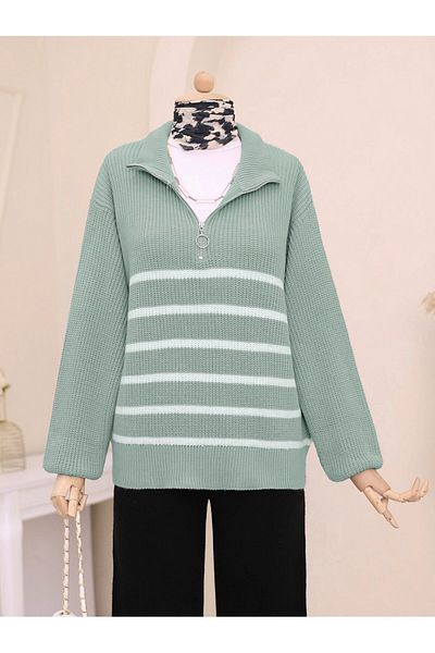 Modamorfo Half Zippered Side Striped Knitwear Sweater - Water Green