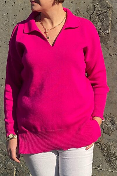 Mia Butik Plus Size Fuchsia Polo Neck Knitwear Blouse
