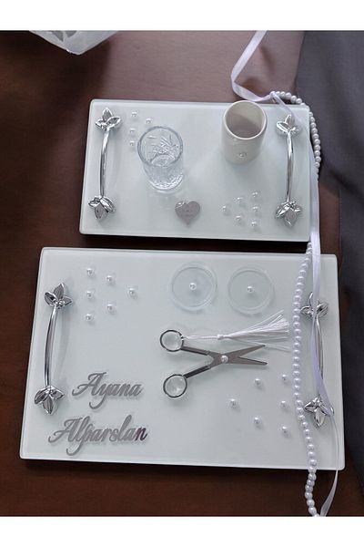 CyzHome Adore Silver White Pearl Promise Tray Engagement Tray and Groom Coffee Cup Tray