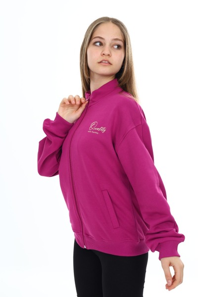 Toontoy Girl's Mock Neck Zippered Pockets Off-Shoulder Embroidery Printed Knitted Cardigan -3 Thread Without Sharudun