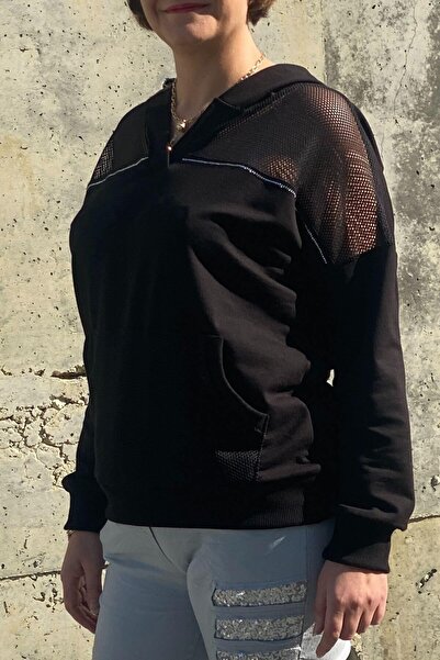 Mia Butik Women's Black Mesh Detailed Blouse