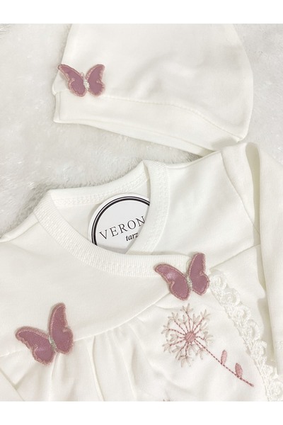 VERONA TARZ Organic 5-Piece Hospital Discharge Set with Butterfly Embroidery for Baby Girl - Newborn Outfit 50-56cm 0-3Months