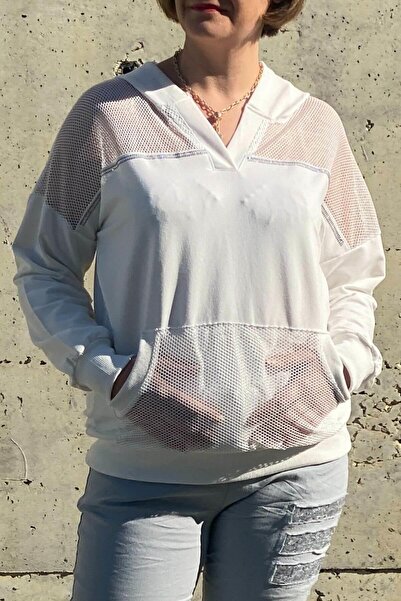 Mia Butik Women's White Mesh Detailed Blouse