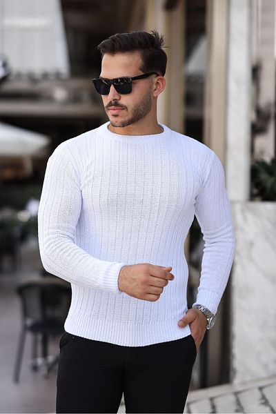 Cosy&Chic Men's White Crew Neck Knitwear Sweater