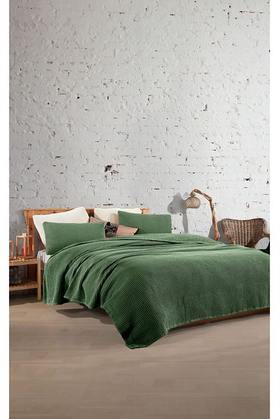destinyhometex Forest Green 100% Cotton Waffle Double Bedspread Without Fringe 230X250/2 Pillowcases 50X70Cm