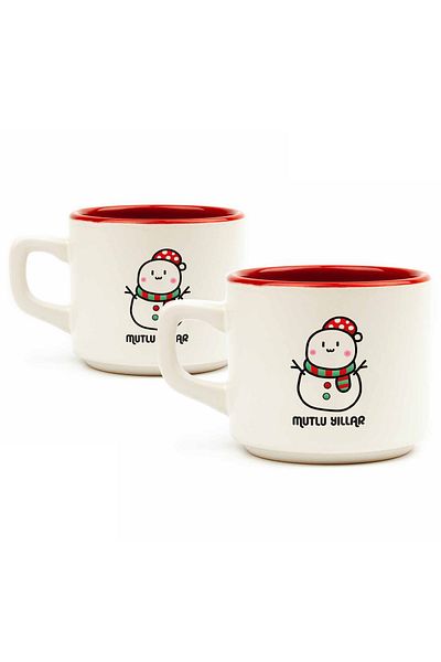 PALTO TASARIM Happy New Year Snowman 2-Piece White Venus Mug-New Year Themed Set of 2 Mug