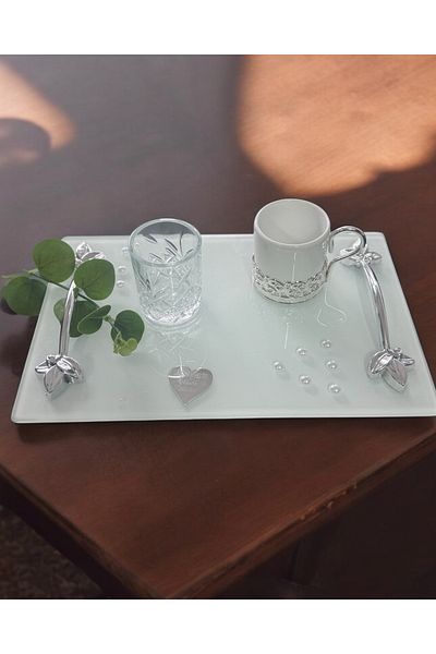 CyzHome Adore Silver White Pearl Promise Tray Engagement Tray and Groom Coffee Cup Tray