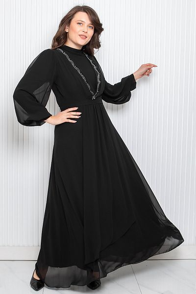 DENİMİNİ Stone Print Detailed Chiffon Plus Size Evening Dress Dnm950