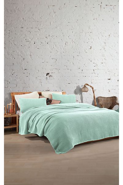 destinyhometex Water Green 100% Cotton Waffle Double Bedspread Without Fringe 220X240/2 Pillowcases 50X70Cm