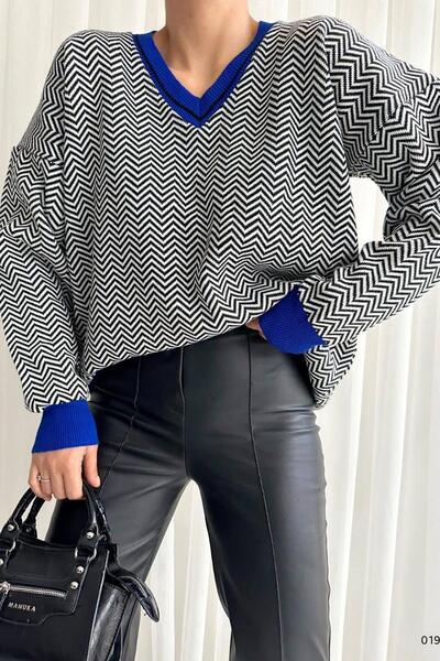 Deafox Πλεκτό πουλόβερ με μακρύ μανίκι Saks μπλε γιακά με λεπτομέρεια μανσέτας