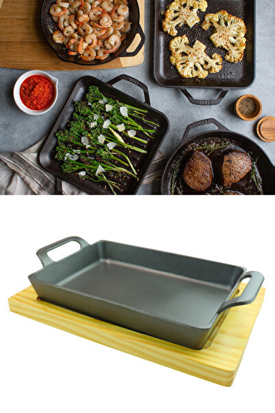 Evren Döküm Demir Kulplu Dikdörtgen Fajita Tavası 24x16 Cm Ve Ahşap Servis Su...