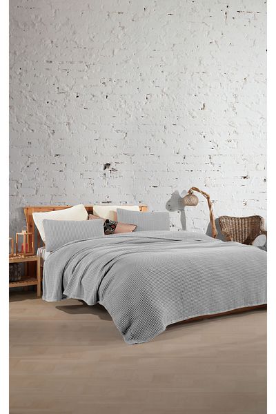 destinyhometex Light Gray 100% Cotton Waffle Double Bedspread Without Fringe 220X240/2 Pillowcases 50X70Cm
