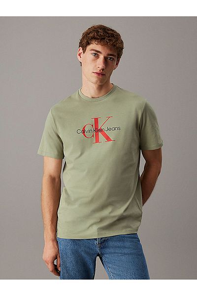Calvin Klein Tricou verde pentru bărbați - decolteu, mânecă scurtă, logo-ul mărcii 00040EM286-LRT