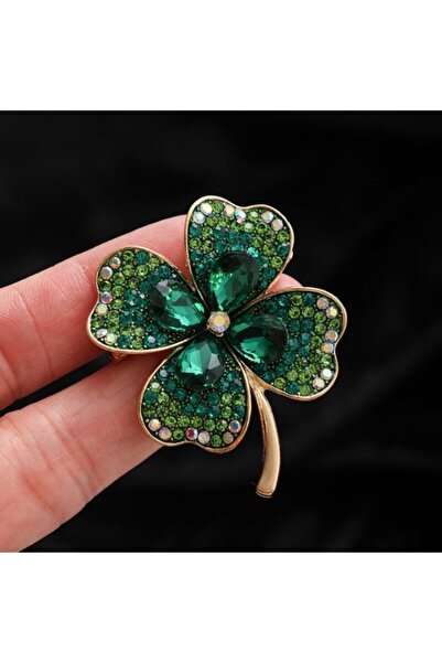Korean Style Green Zircon Stone Lucky Four Leaf Clover Brooch Lapel Pin