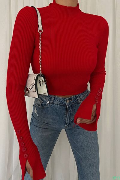 Deafox Red Sleeve Button Detailed Half Fishing Knitwear Sweater
