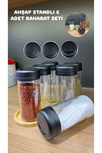 Bayev Spice Set of 6 with Wooden Stand - Swivel Lid, Glass Spice Rack and Salt Shaker Pepper Shaker 250Cc