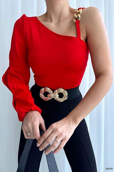 Deafox Rote Crêpe-Bluse mit einem Ärmel und Kettendetail