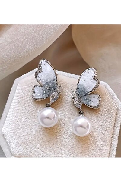 ER TAKI أقراط فضية اللون من اللؤلؤ المتدلي على شكل فراشة أنيقة للخطوبة والحنا...