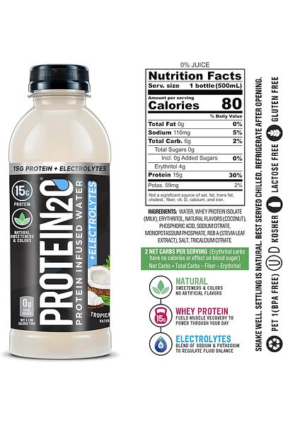 Protein2o Infused Water Plus Electrolytes, Tropical Coconut, 500 ML, Pack of 12 Pieces
